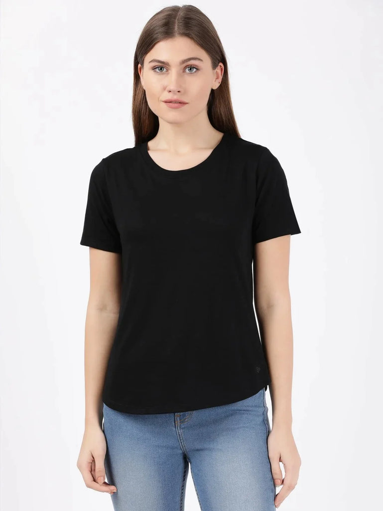 Black JOCKEY Women's Relaxed Solid Curved Hem Style Half Sleeve T-Shirt