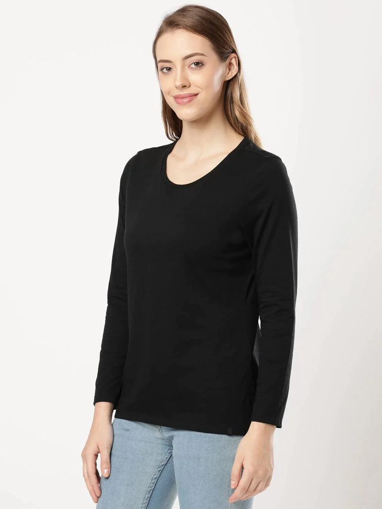 Black JOCKEY Women's Relaxed Solid Round Neck Full Sleeve T-Shirt