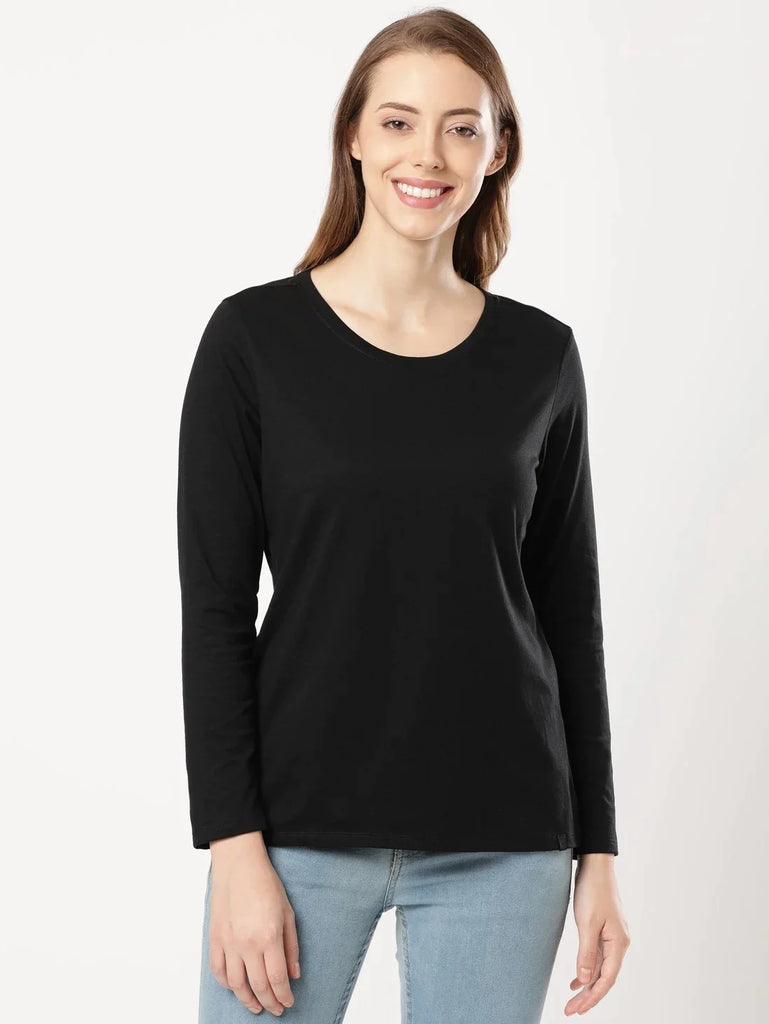 Black JOCKEY Women's Relaxed Solid Round Neck Full Sleeve T-Shirt