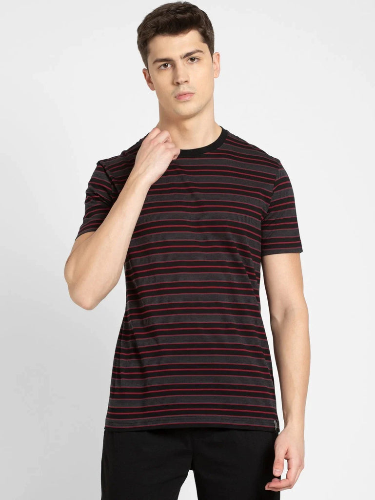 Black & Graphite JOCKEY Men's Striped Round Neck Half Sleeve T-Shirt