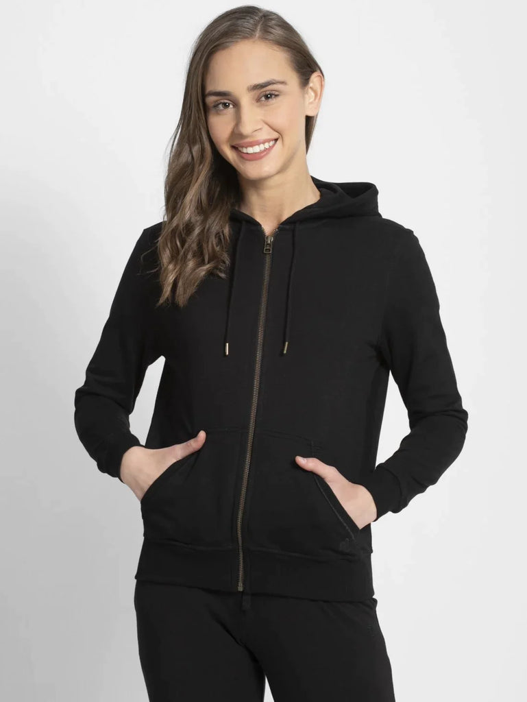 Black JOCKEY Women's Cotton French Terry Fabric Hoodie Jacket