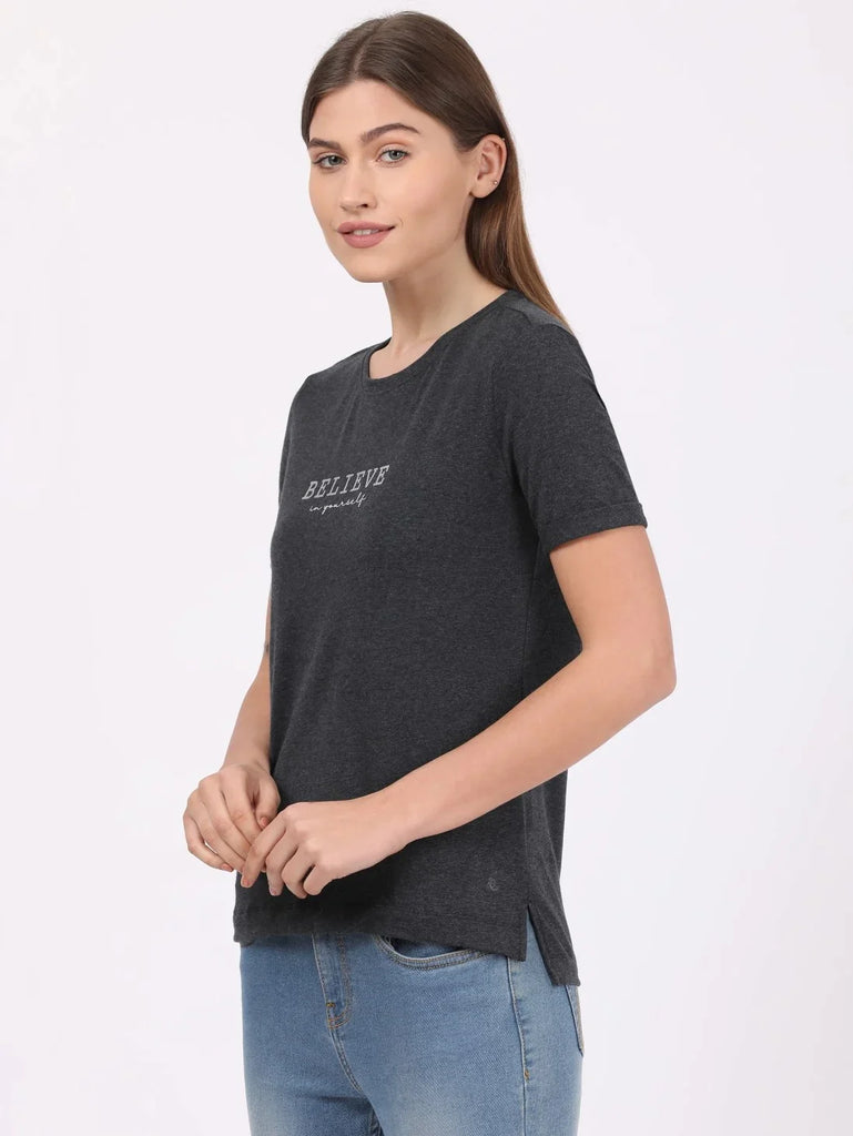 Black Melange JOCKEY Women's Relaxed Fit Printed Round Neck Half Sleeve T-Shirt