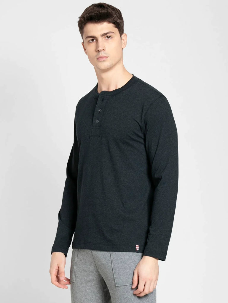 Black Melange JOCKEY Men's Solid Full Sleeve Henley T-Shirt 