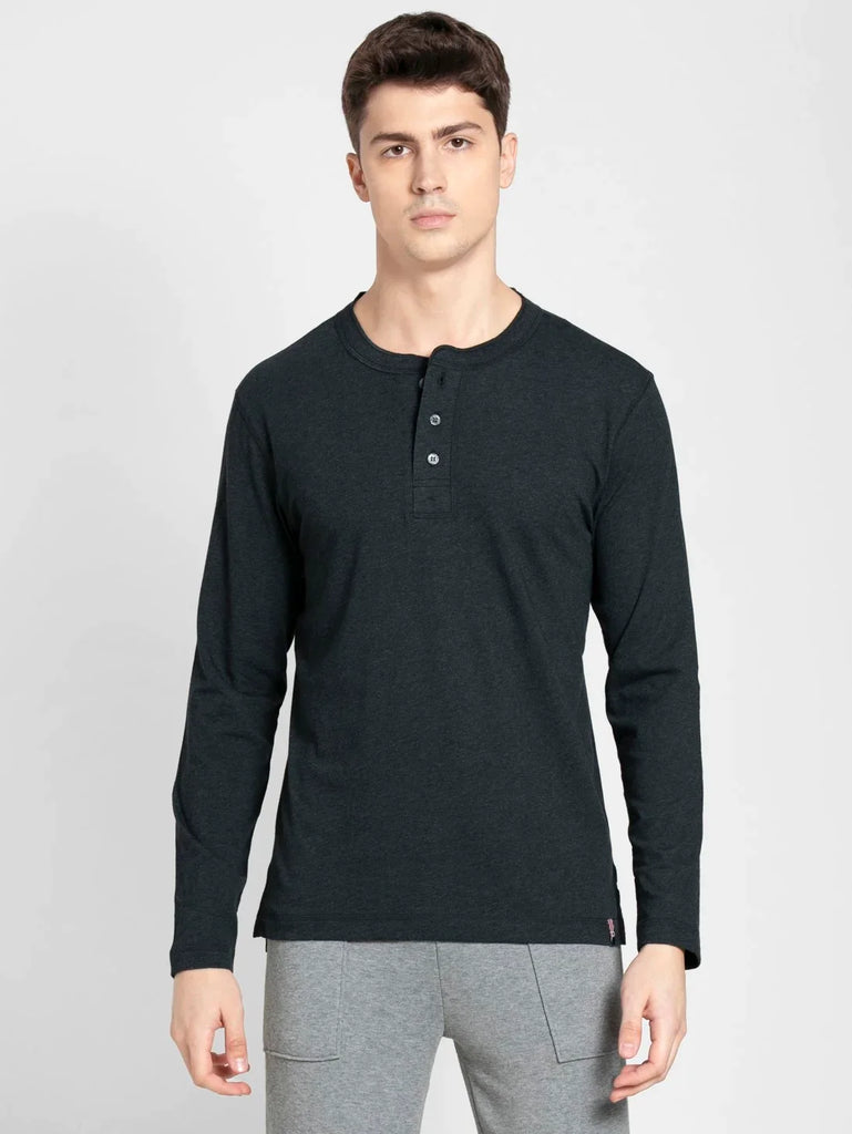 Black Melange JOCKEY Men's Solid Full Sleeve Henley T-Shirt 