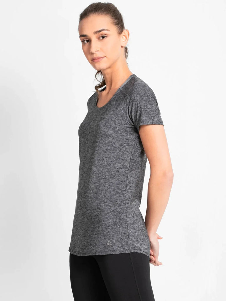 Black Melange JOCKEY Women's Relaxed Solid Curved Hem Style Half Sleeve T-Shirt 