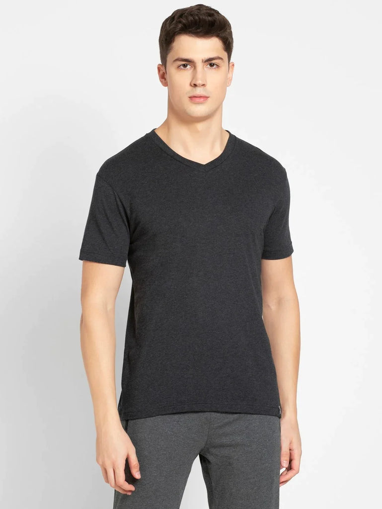 Black Melange JOCKEY Men's Solid V Neck Half Sleeve T-Shirt