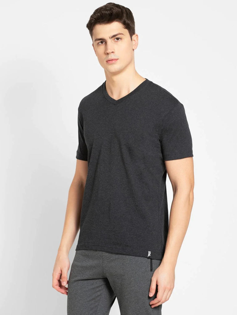 Black Melange JOCKEY Men's Solid V Neck Half Sleeve T-Shirt