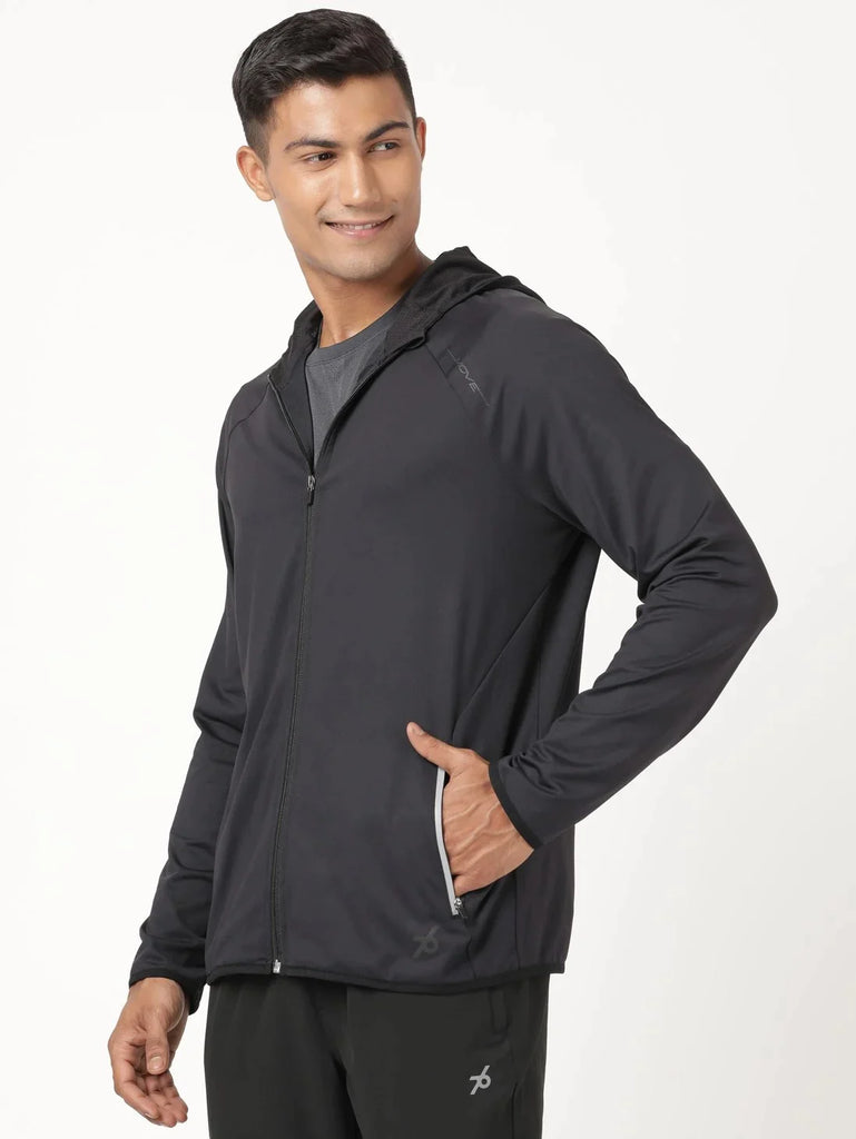 Black JOCKEY Men's Microfiber Elastane Stretch Solid Performance Hoodie Jacket