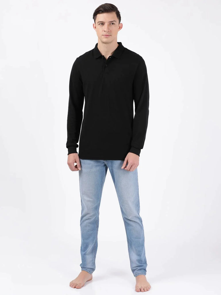 Black JOCKEY Men's Solid Full Sleeve Polo T-Shirt