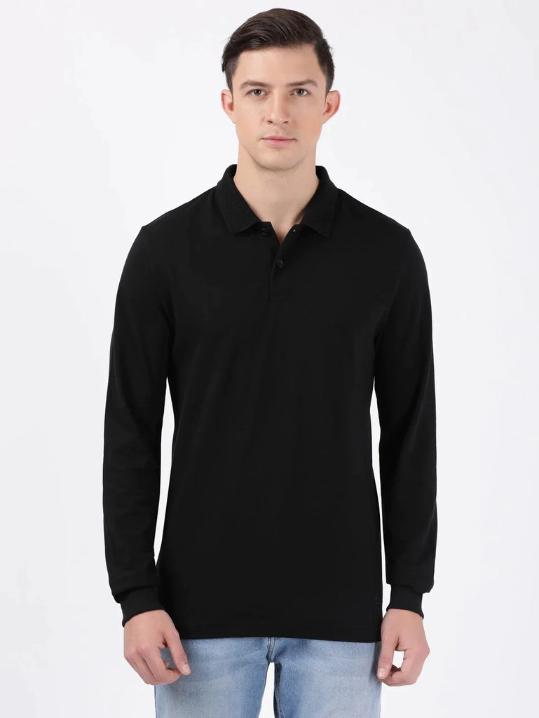 Black JOCKEY Men's Solid Full Sleeve Polo T-Shirt