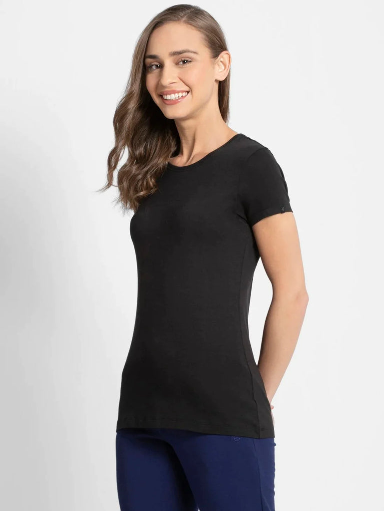 Black JOCKEY Women's Regular Fit Solid Round Neck Half Sleeve T-Shirt