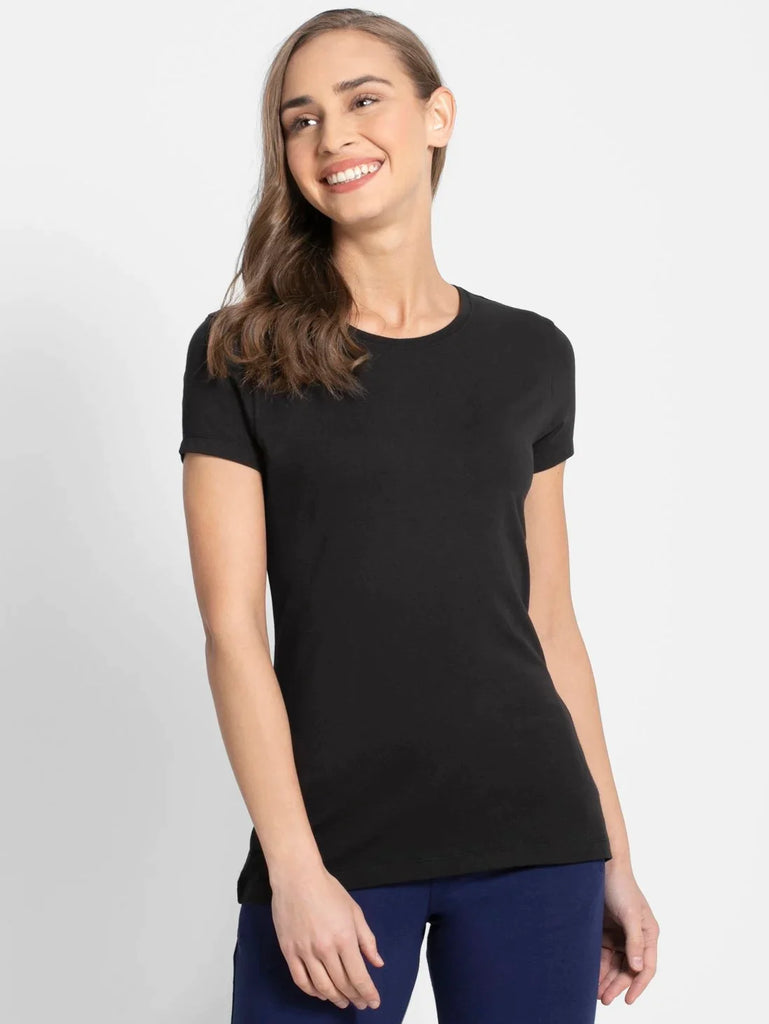 Black JOCKEY Women's Regular Fit Solid Round Neck Half Sleeve T-Shirt