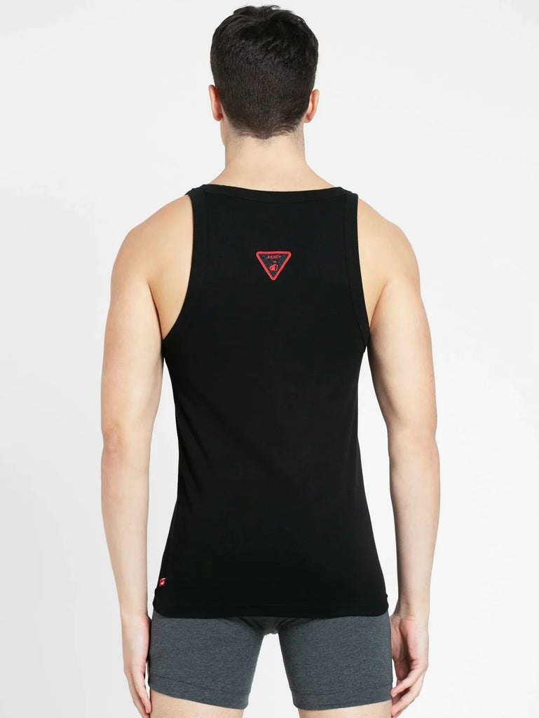 Black Jockey Cotton Rib Square Neckline Gym Vest  for Men