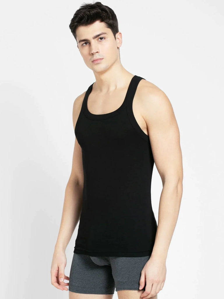 Black Jockey Cotton Rib Square Neckline Gym Vest  for Men