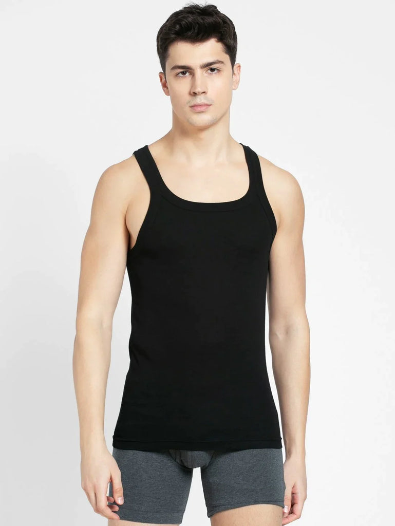 Black Jockey Cotton Rib Square Neckline Gym Vest  for Men