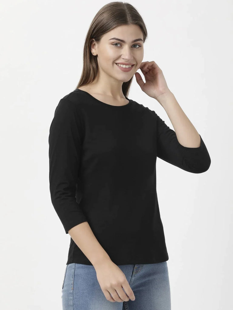 Black JOCKEY Women's Solid Round Neck Three Quarter Sleeve T-Shirt