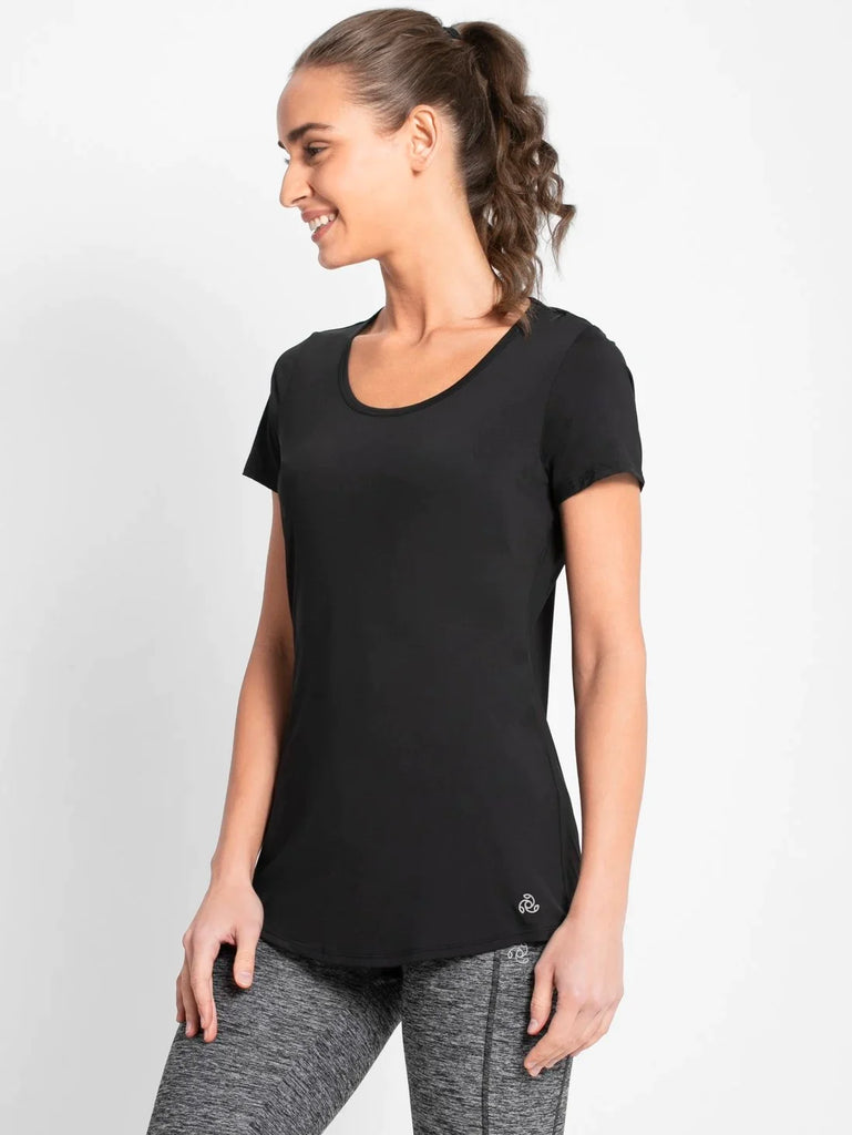 Black JOCKEY Women's Relaxed Solid Curved Hem Style Half Sleeve T-Shirt 