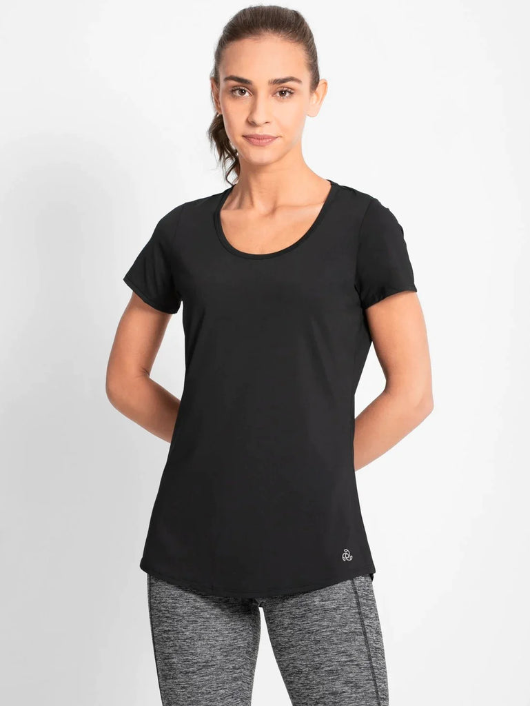 Black JOCKEY Women's Relaxed Solid Curved Hem Style Half Sleeve T-Shirt 