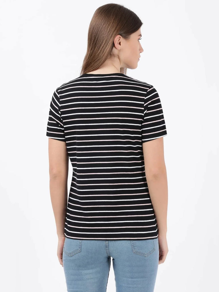 Black JOCKEY Women's Yarn Dyed Striped V Neck Half Sleeve T-Shirt 