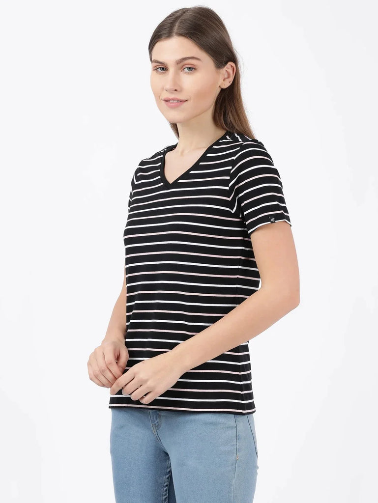 Black JOCKEY Women's Yarn Dyed Striped V Neck Half Sleeve T-Shirt 