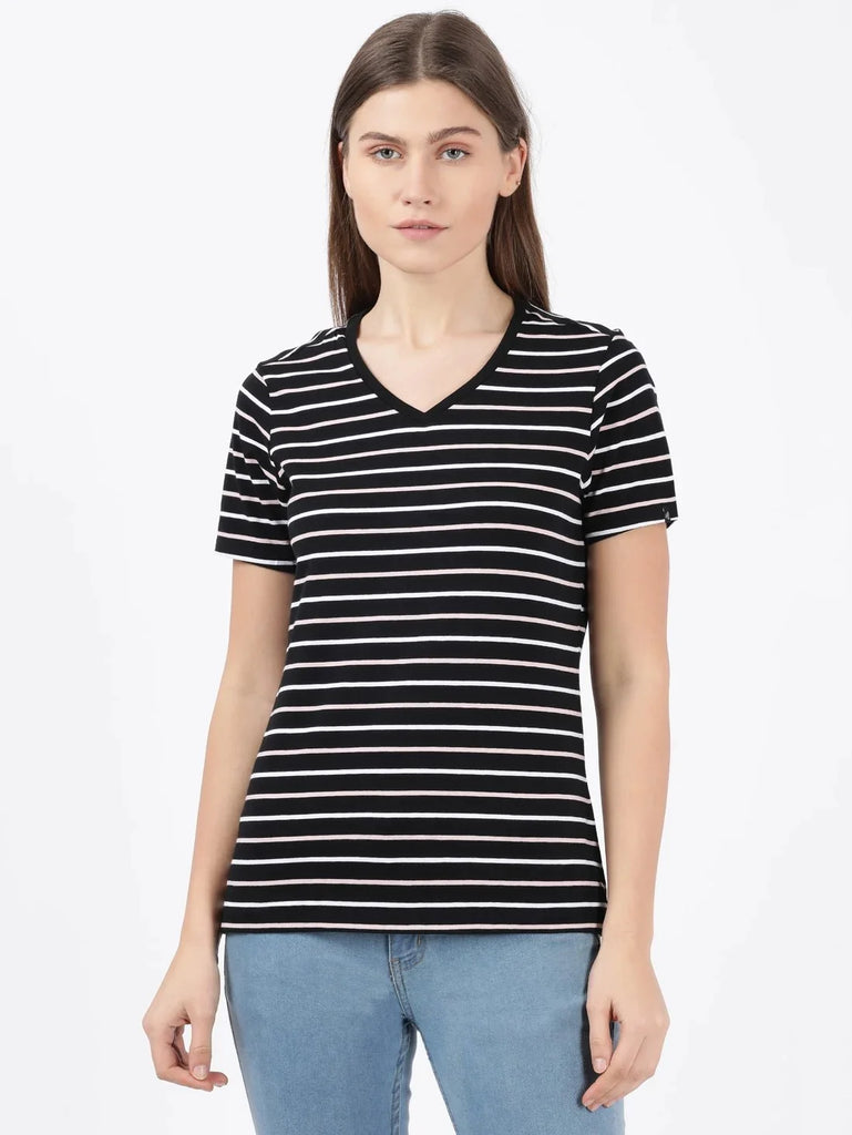 Black JOCKEY Women's Yarn Dyed Striped V Neck Half Sleeve T-Shirt 