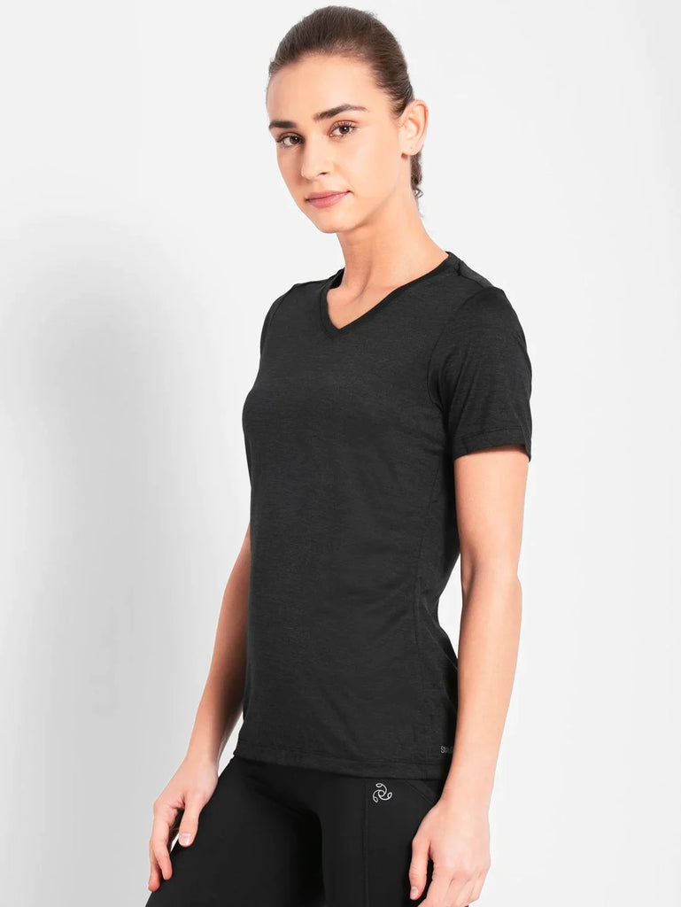 Black JOCKEY Women's Relaxed Fit Solid V Neck Half Sleeve T-Shirt