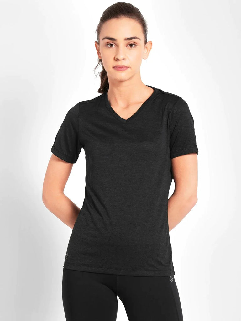 Black JOCKEY Women's Relaxed Fit Solid V Neck Half Sleeve T-Shirt