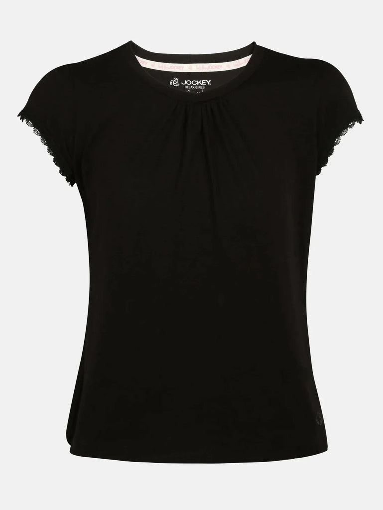 Black JOCKEY Girl's Sleeve T-Shirt with Lace Trims On Sleeve