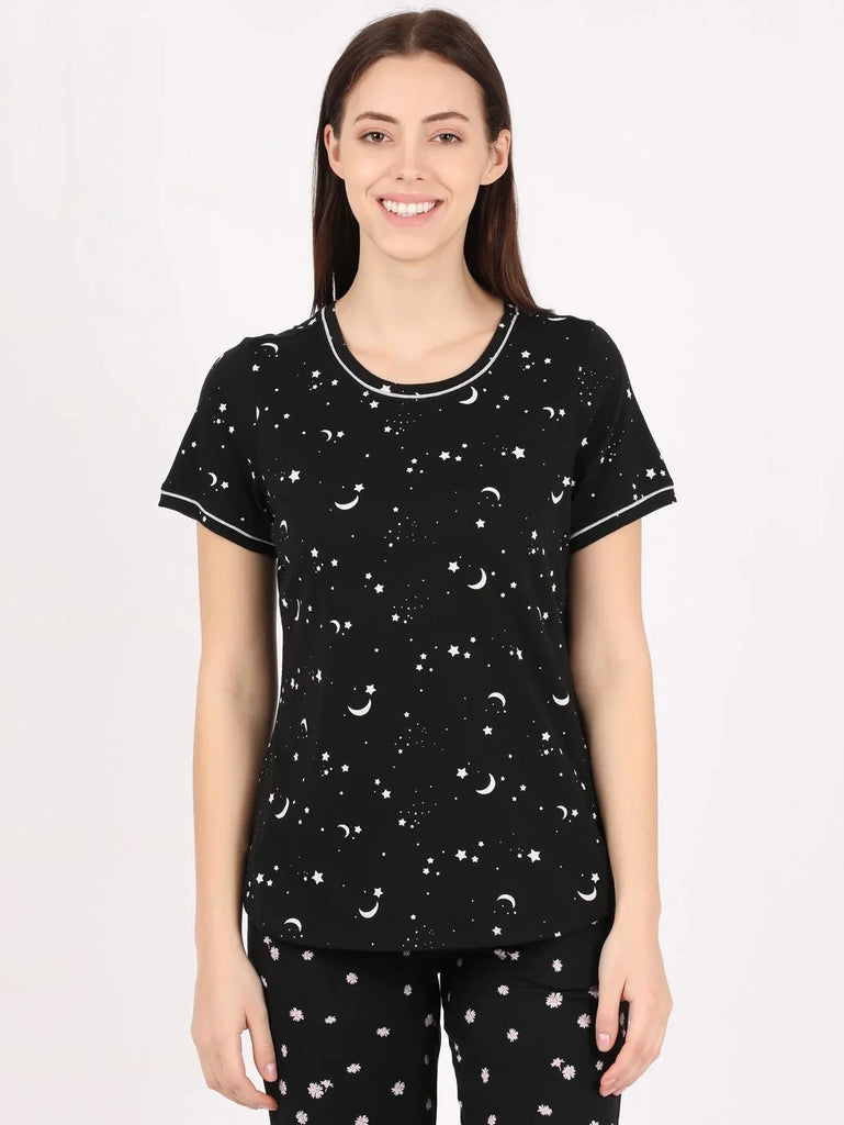 Black JOCKEY Women's Relaxed Fit Printed Round Neck Half Sleeve T-Shirt