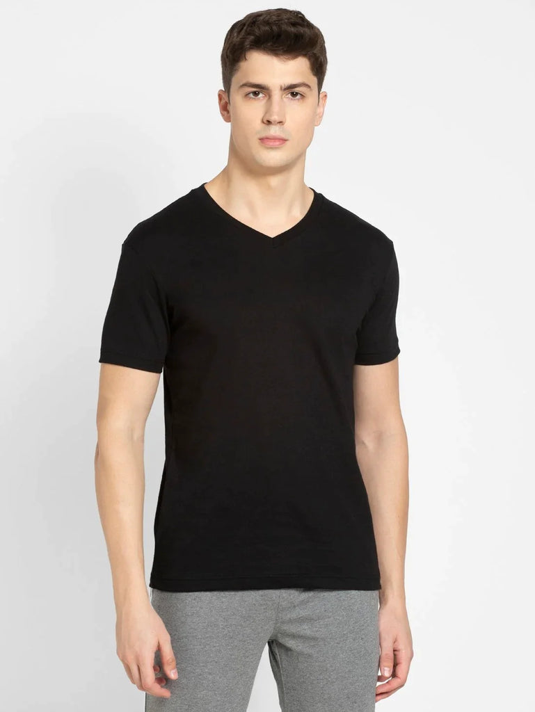 Black JOCKEY Men's Solid V Neck Half Sleeve T-Shirt