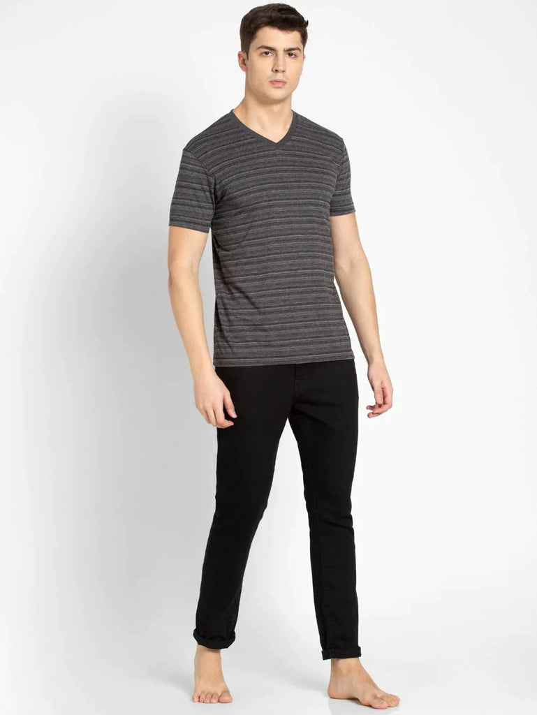 Black JOCKEY Men's Cotton Striped V Neck Half Sleeve T-Shirt