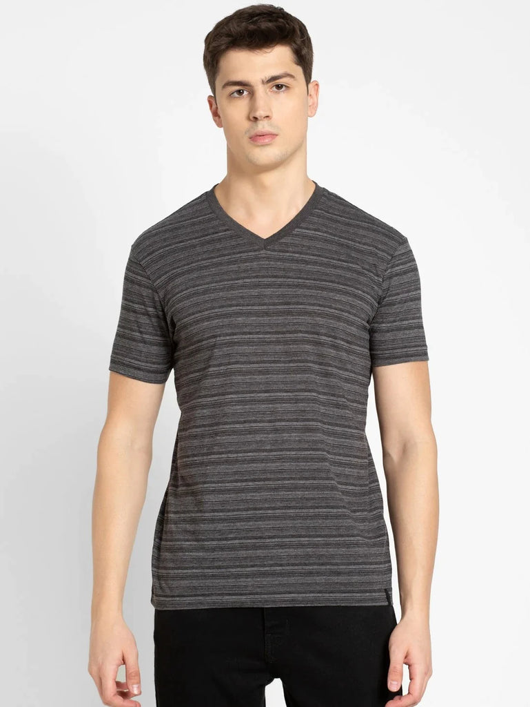 Black JOCKEY Men's Cotton Striped V Neck Half Sleeve T-Shirt