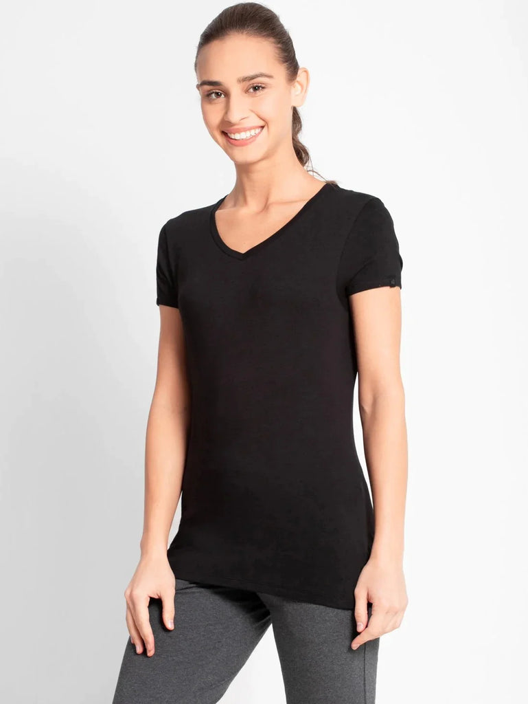 Black JOCKEY Women's Regular Fit Solid V Neck Half Sleeve T-Shirt