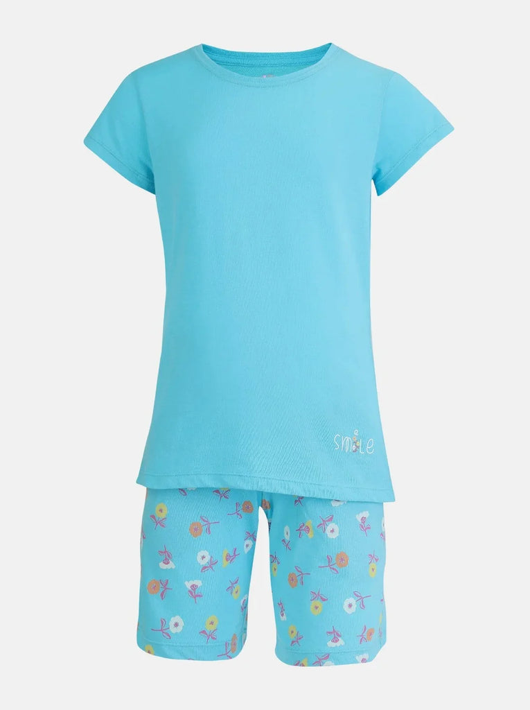 Girl's Super Combed Cotton Printed Fabric Shorts & T-Shirt Set - Blue Curacao