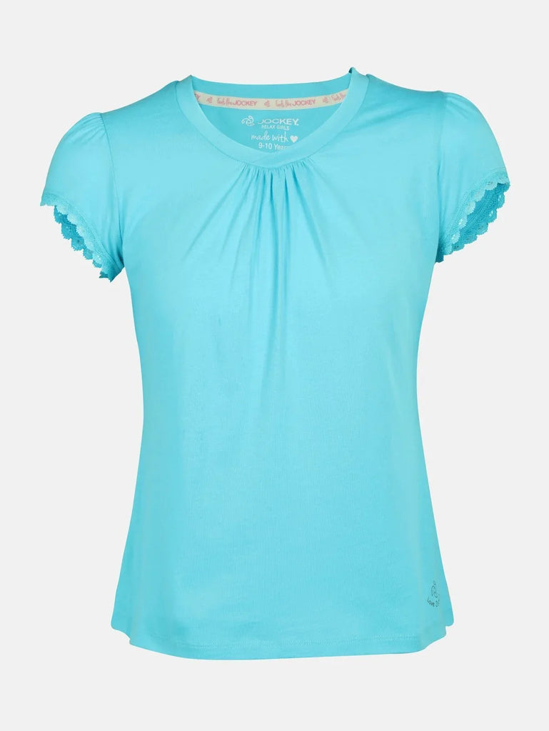 Blue Curacao JOCKEY Girl's Sleeve T-Shirt with Lace Trims On Sleeve