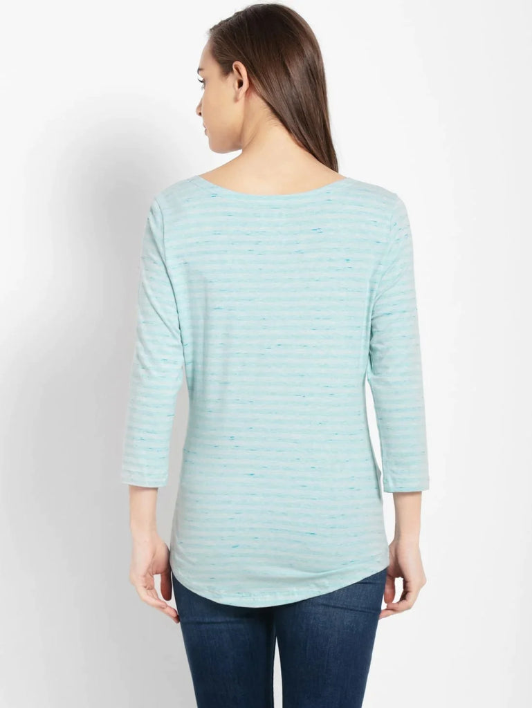 Blue Tint Melange JOCKEY Women's Yarn Dyed Striped Round Neck 3/4th Sleeve T-Shirt