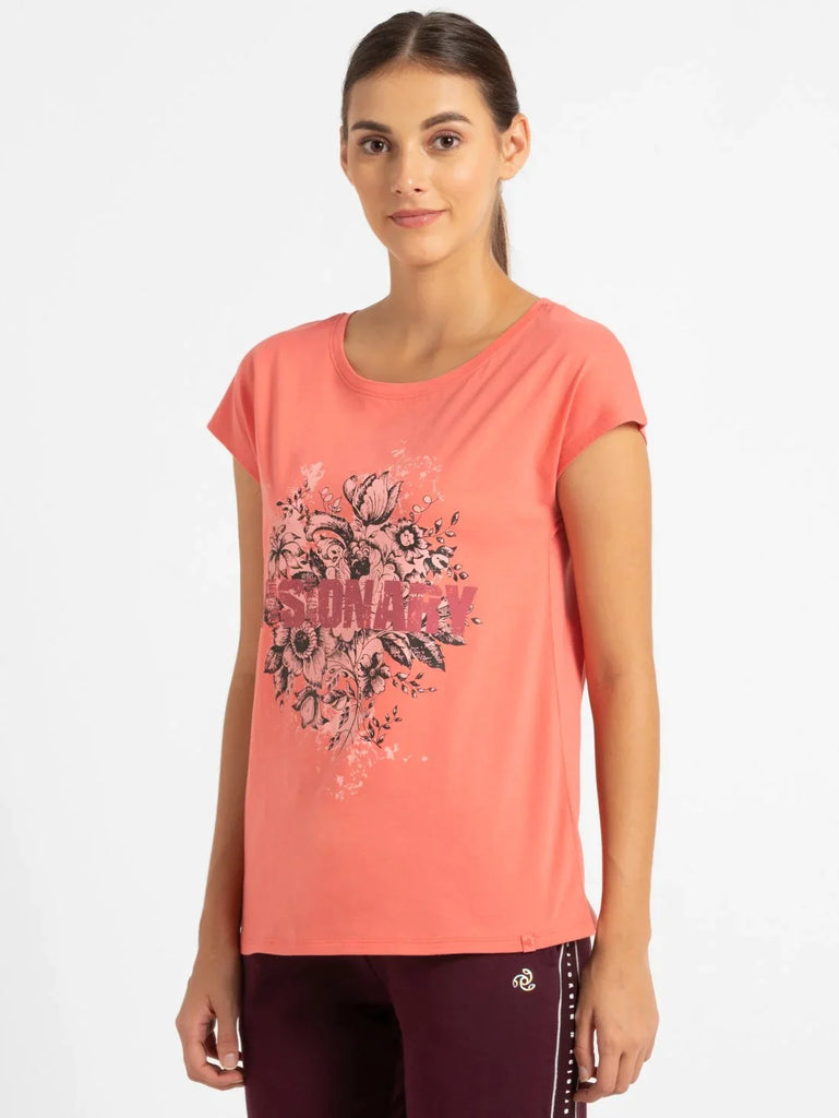 Blush Pink JOCKEY Women's Yarn Dyed Printed Round Neck Half Sleeve T-Shirt