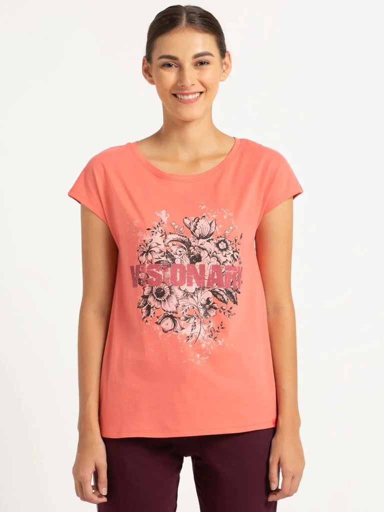 Blush Pink JOCKEY Women's Yarn Dyed Printed Round Neck Half Sleeve T-Shirt