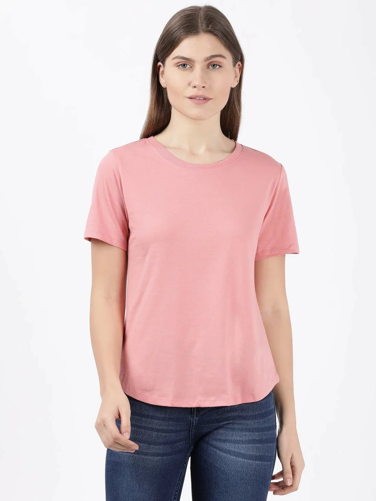 Brandied Apricot JOCKEY Women's Relaxed Solid Curved Hem Style Half Sleeve T-Shirt