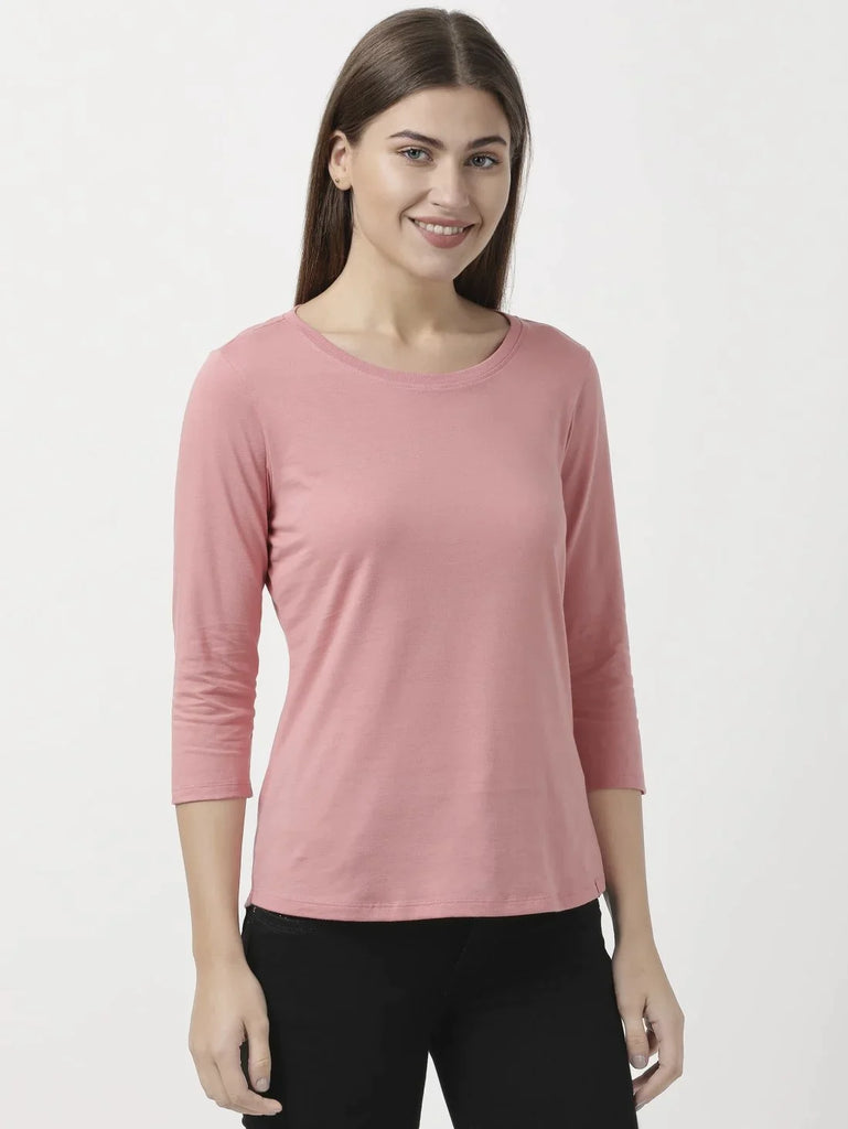 Brandied Apricot JOCKEY Women's Solid Round Neck Three Quarter Sleeve T-Shirt