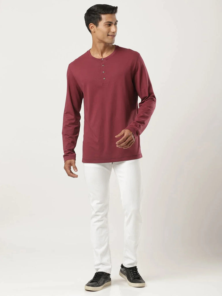 Burgundy JOCKEY Men's Solid Full Sleeve Henley T-Shirt 