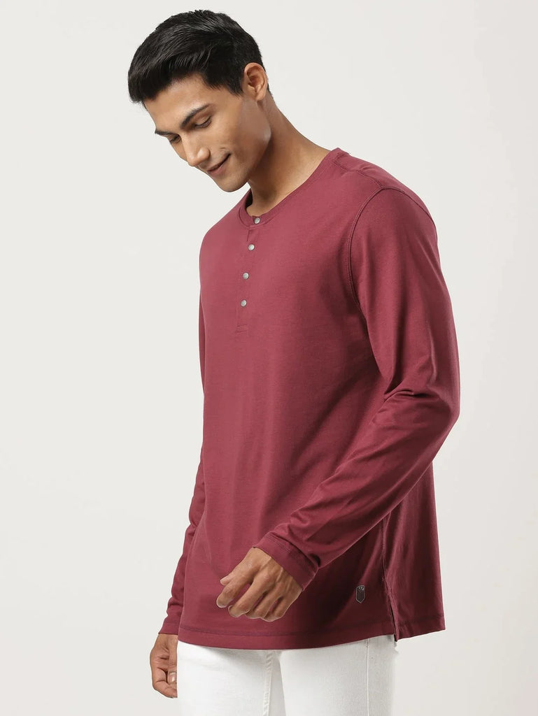 Burgundy JOCKEY Men's Solid Full Sleeve Henley T-Shirt 