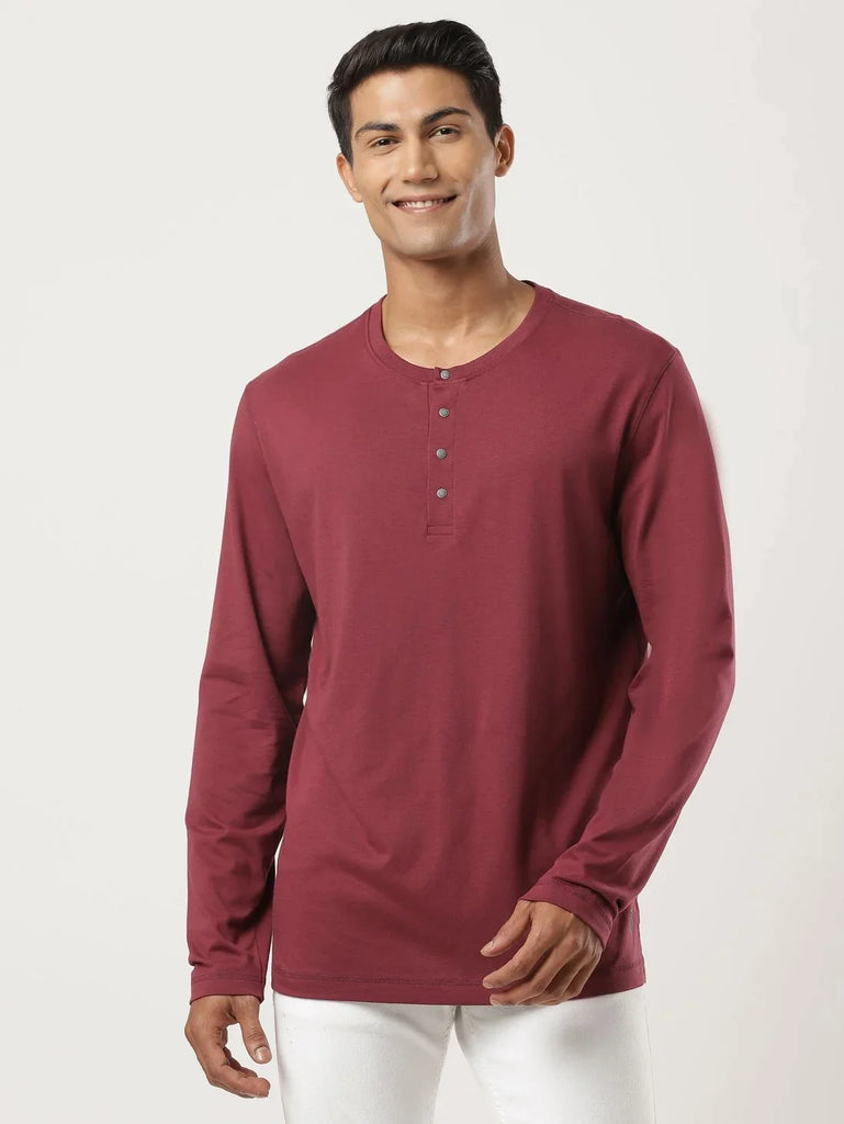 Burgundy JOCKEY Men's Solid Full Sleeve Henley T-Shirt 