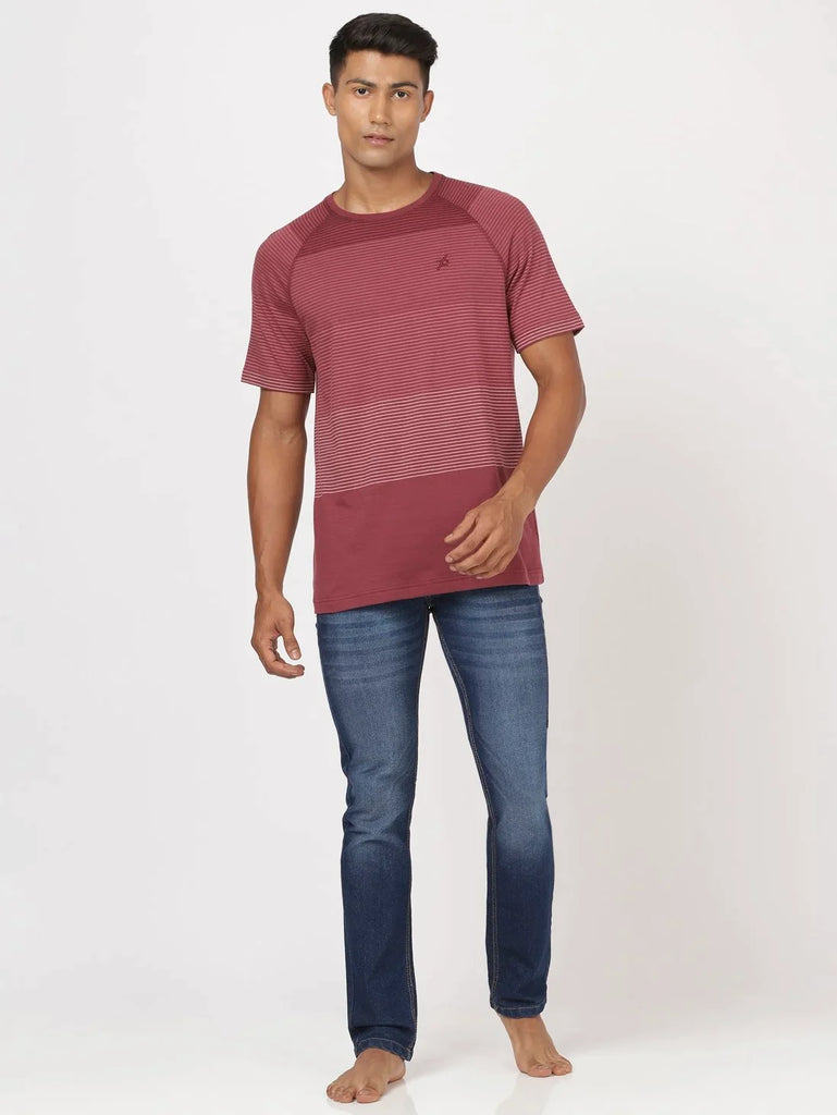 Burgundy JOCKEY Men's Striped Round Neck Half Sleeve T-Shirt