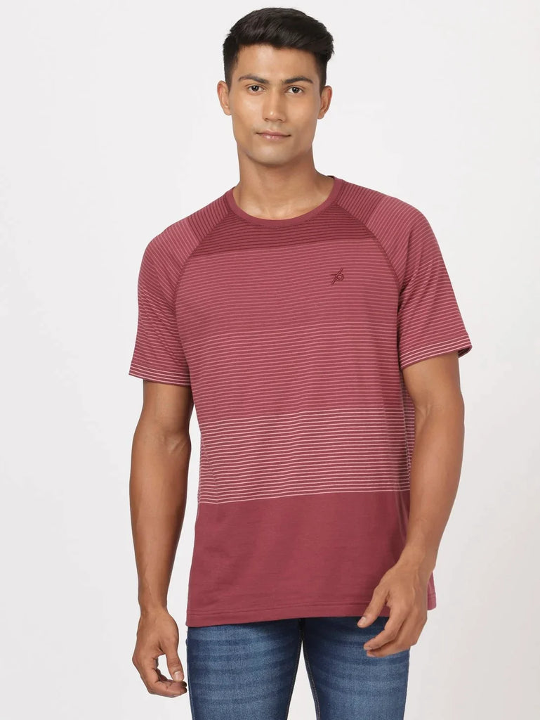 Burgundy JOCKEY Men's Striped Round Neck Half Sleeve T-Shirt