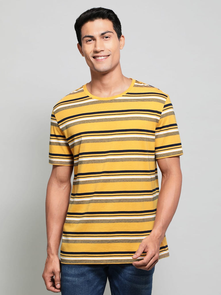 Burnt Gold - Navy - White JOCKEY Men's Striped Round Neck Half Sleeve T-Shirt