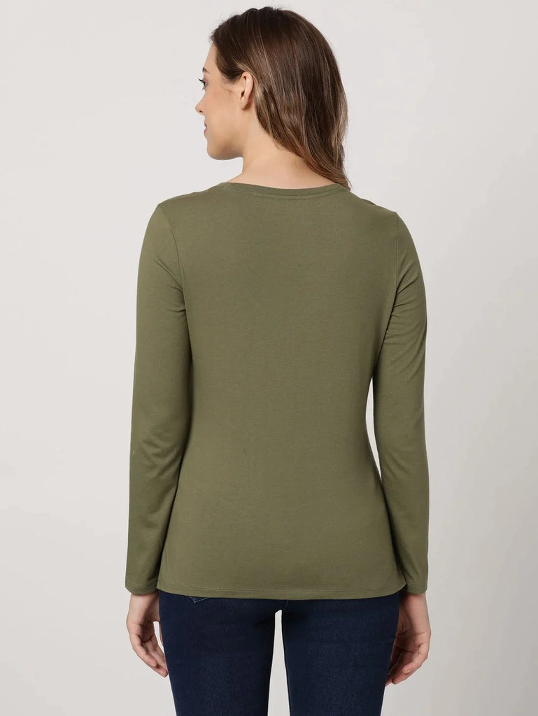 Burnt Olive JOCKEY Women's Relaxed Solid Round Neck Full Sleeve T-Shirt