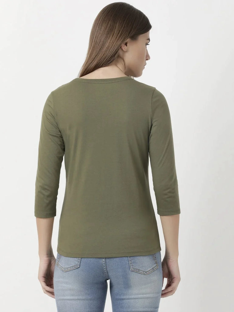 Burnt Olive JOCKEY Women's Solid Round Neck Three Quarter Sleeve T-Shirt