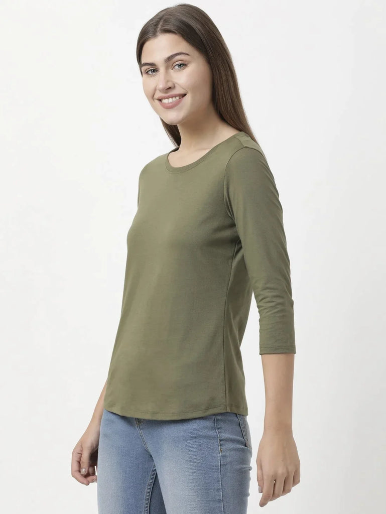 Burnt Olive JOCKEY Women's Solid Round Neck Three Quarter Sleeve T-Shirt