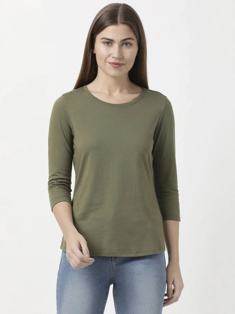 Burnt Olive JOCKEY Women's Solid Round Neck Three Quarter Sleeve T-Shirt